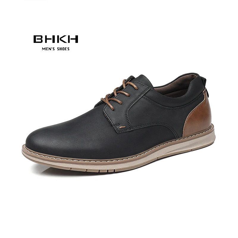 BHKH Men’s PU Leather Sneakers – Breathable Lace-Up for Business & Casual