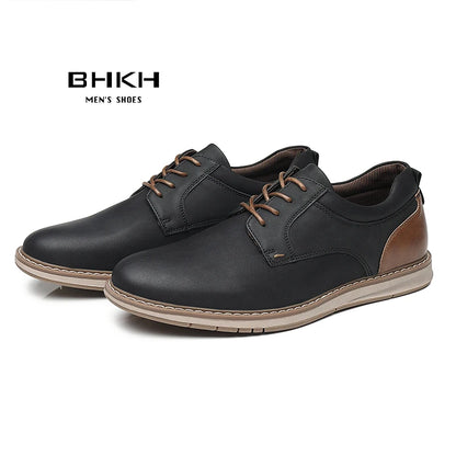 BHKH Men’s PU Leather Sneakers – Breathable Lace-Up for Business & Casual