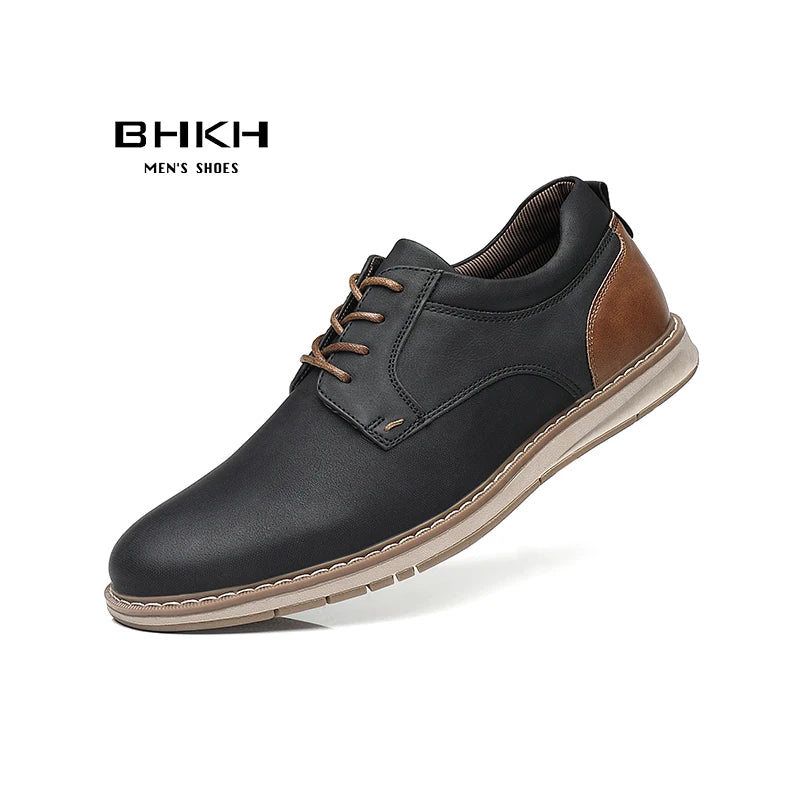 BHKH Men’s PU Leather Sneakers – Breathable Lace-Up for Business & Casual